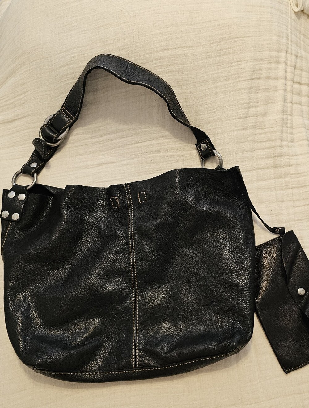 Lucky Brand Black Leather Shoulder Bucket Bag with detachable pouch